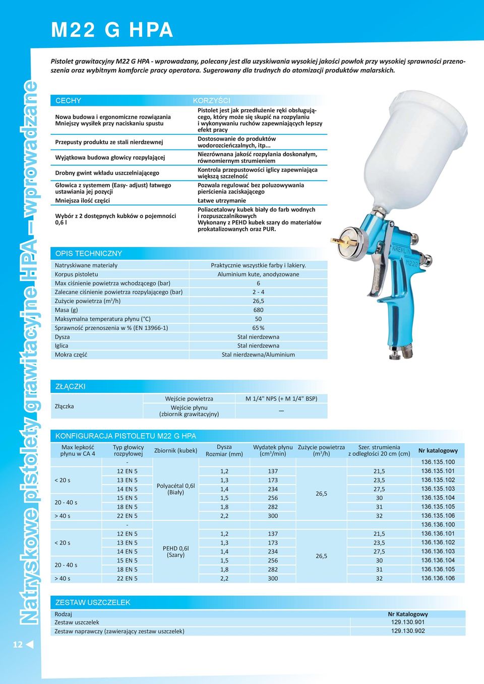 Natryskowe pistolety grawitacyjne HPA wprowadzane 12 CECHY Nowa budowa i ergonomiczne rozwiązania Mniejszy wysiłek przy naciskaniu spustu Przepusty produktu ze stali nierdzewnej Wyjątkowa budowa