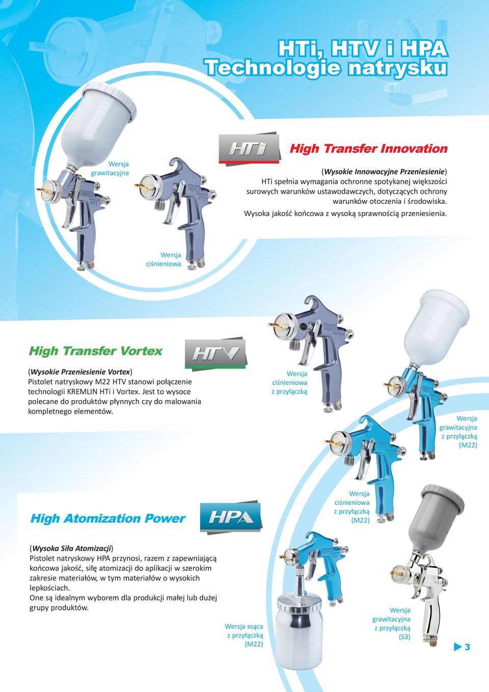 Wersja ciśnieniowa High Transfer Vortex (Wysokie Przeniesienie Vortex) Pistolet natryskowy M22 HTV stanowi połączenie technologii KREMLIN HTi i Vortex.