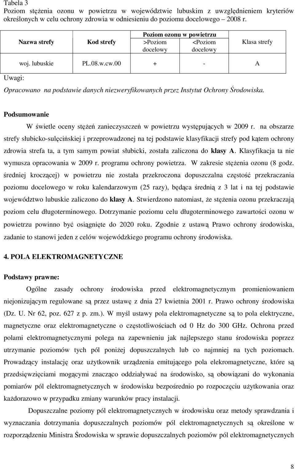 00 + - A Opracowano na podstawie danych niezweryfikowanych przez Instytut Ochrony Środowiska. Podsumowanie W świetle oceny stęŝeń zanieczyszczeń w powietrzu występujących w 2009 r.