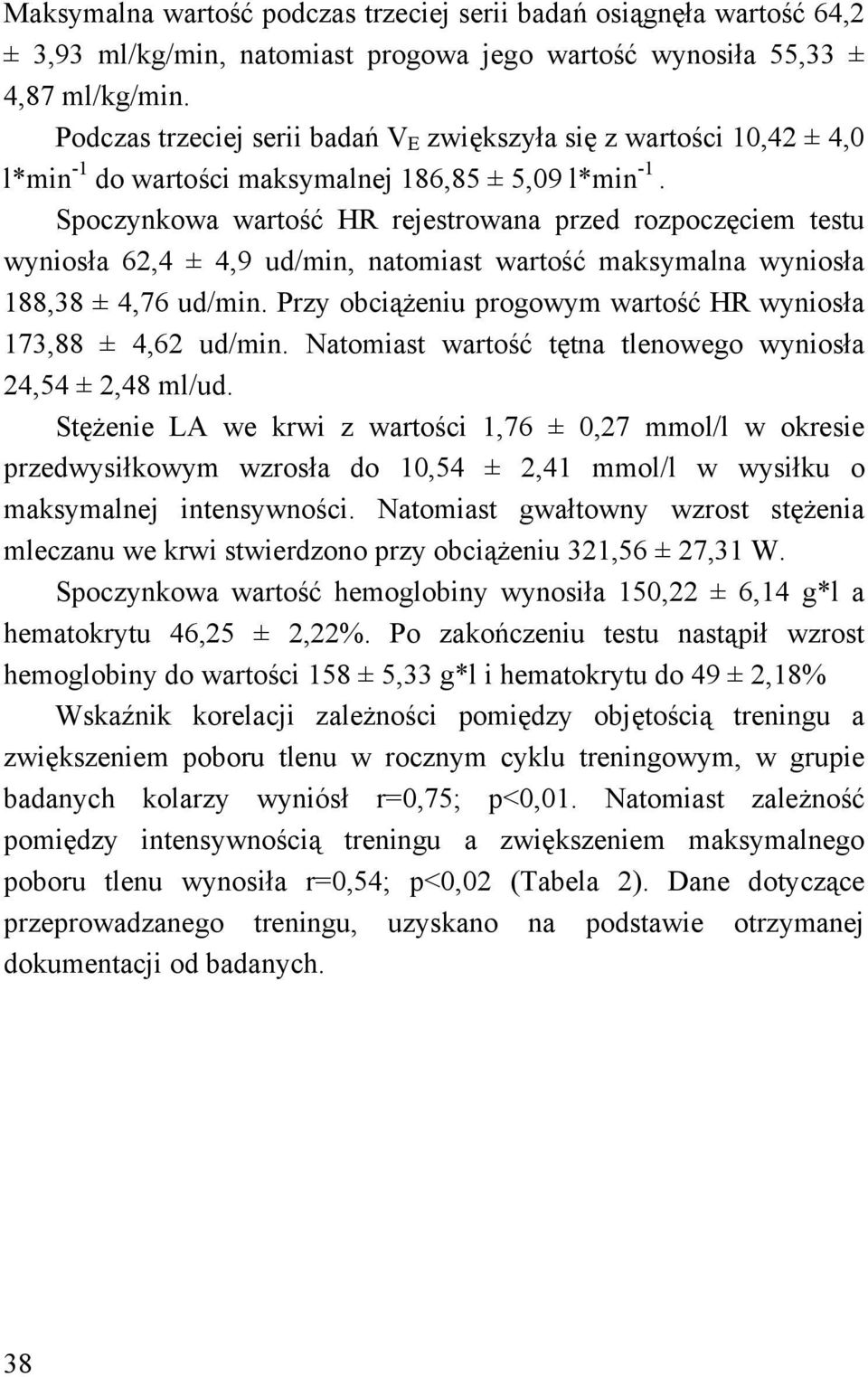 Spoczynkowa wartość HR rejestrowana przed rozpoczęciem testu wyniosła 62,4 ± 4,9 ud/min, natomiast wartość maksymalna wyniosła 188,38 ± 4,76 ud/min.