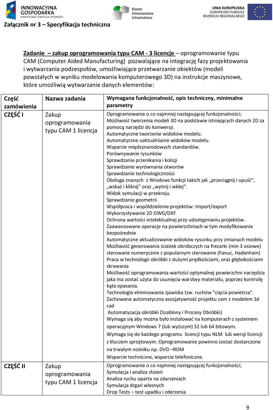 zamówienia CZĘŚĆ I CZĘŚĆ II Nazwa zadania Zakup oprogramowania typu CAM 1 licencja Zakup oprogramowania typu CAM 1 licencja Wymagana funkcjonalność, opis techniczny, minimalne parametry