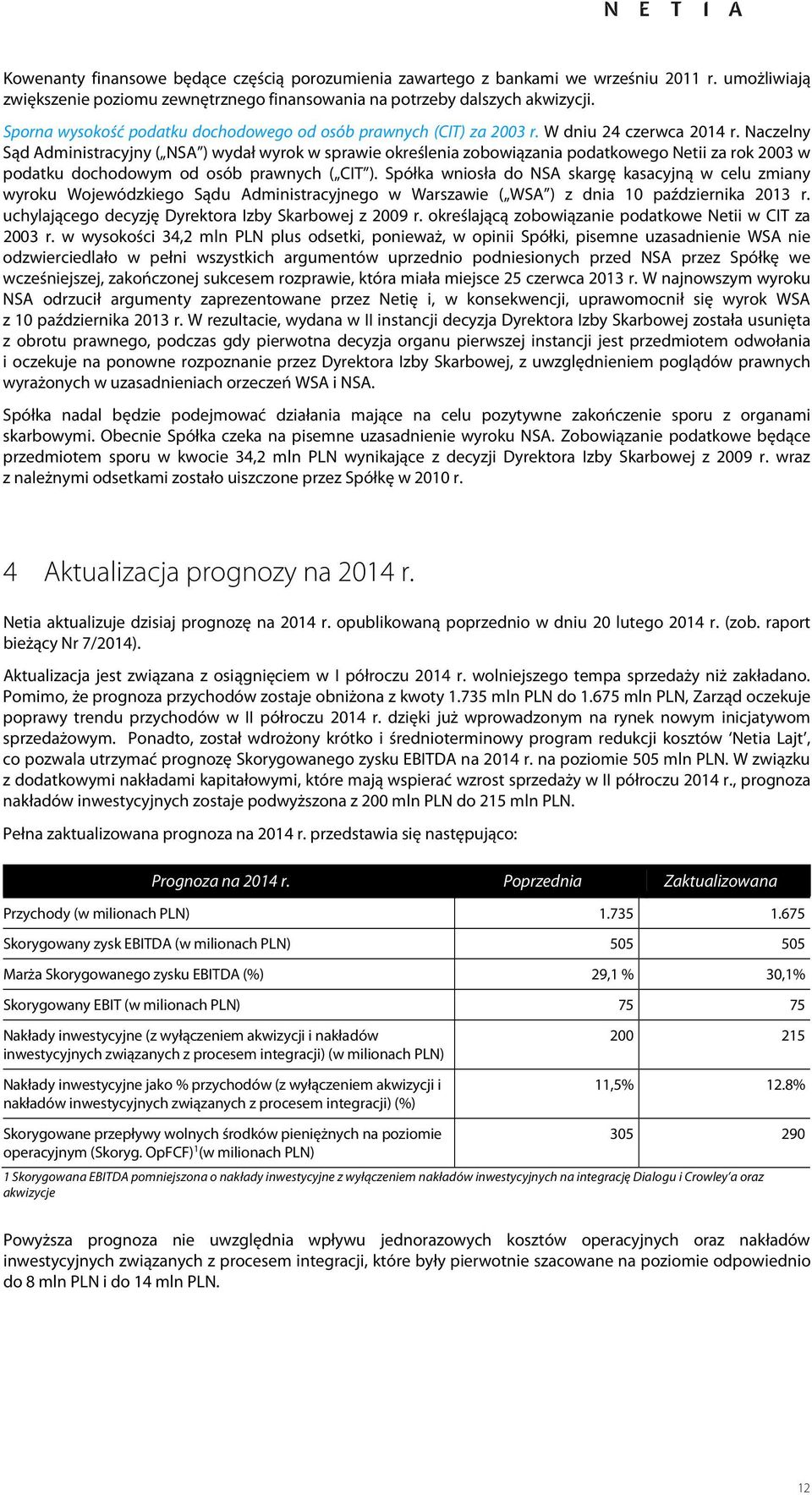Naczelny Sąd Administracyjny ( NSA ) wydał wyrok w sprawie określenia zobowiązania podatkowego Netii za rok 2003 w podatku dochodowym od osób prawnych ( CIT ).