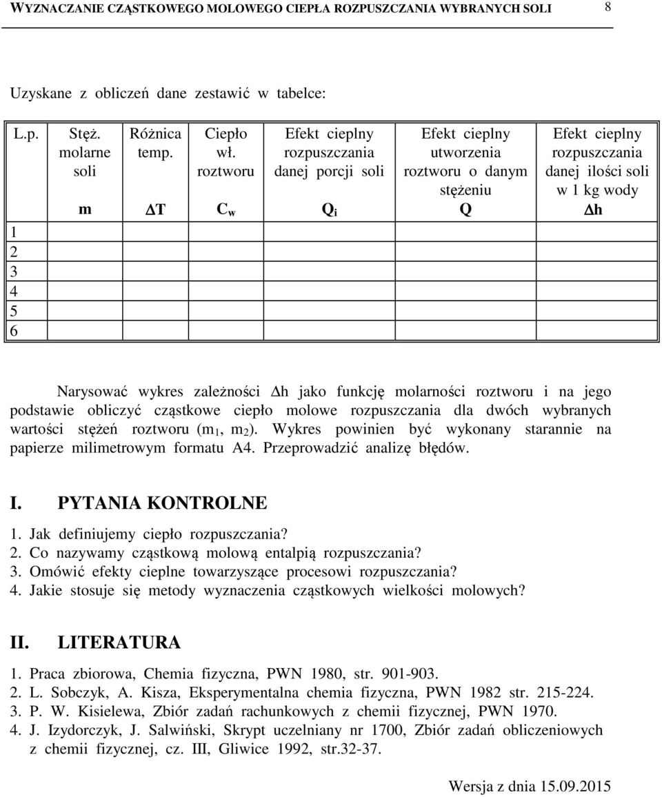 zależności h jako funkcję molarności roztworu i na jego podstawie obliczyć cząstkowe ciepło molowe rozpuszczania dla dwóch wybranych wartości stężeń roztworu (m, m ).