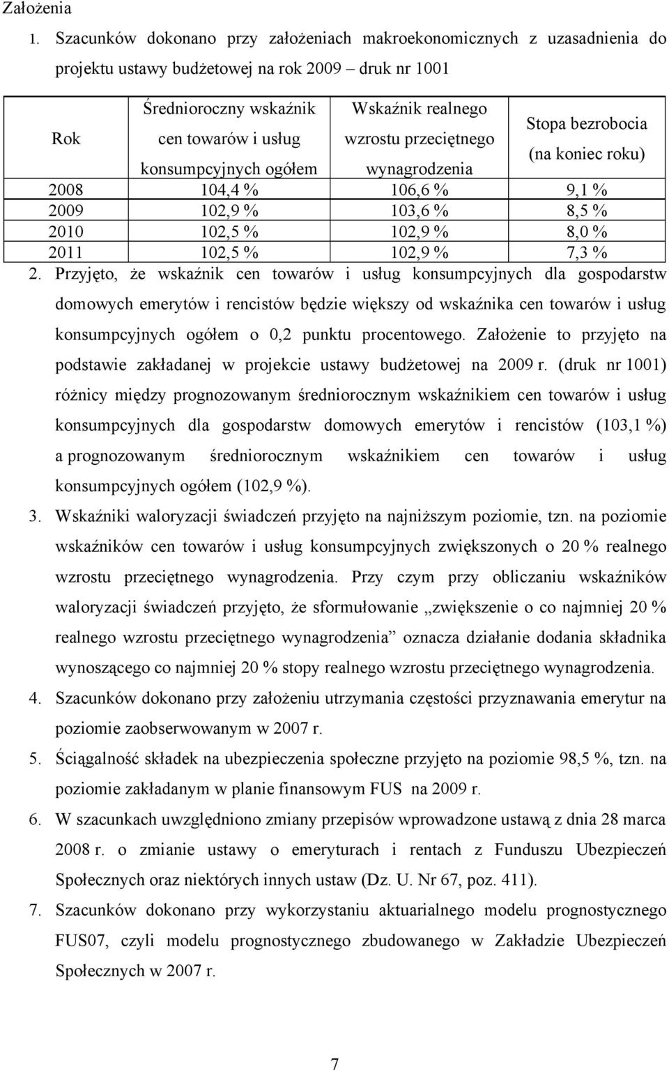 i usług wzrostu przeciętnego (na koniec roku) konsumpcyjnych ogółem wynagrodzenia 2008 104,4 % 106,6 % 9,1 % 2009 102,9 % 103,6 % 8,5 % 2010 102,5 % 102,9 % 8,0 % 2011 102,5 % 102,9 % 7,3 % 2.