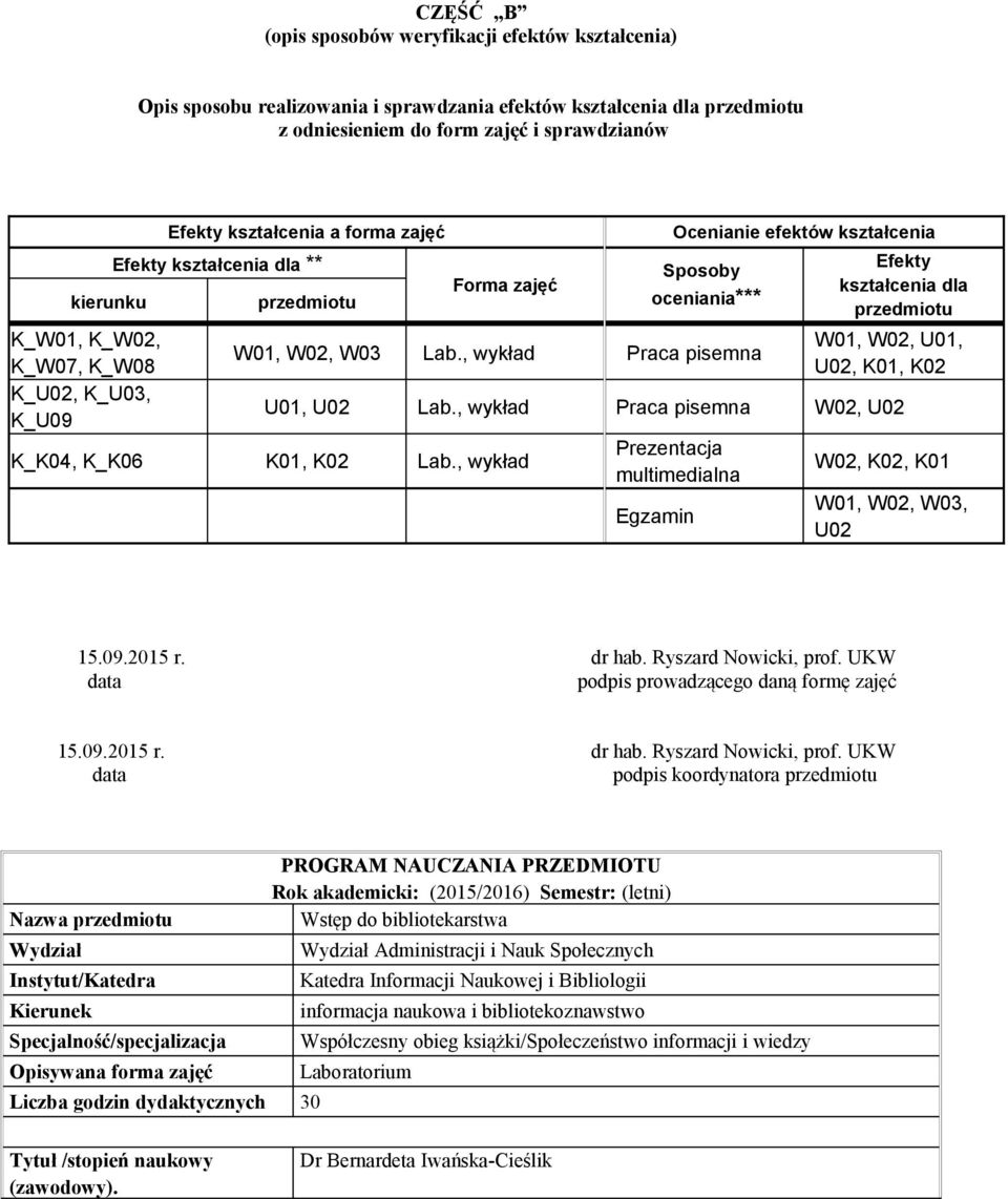 , wykład Praca pisemna Efekty kształcenia dla przedmiotu W01, W02, U01, U02, K01, K02 U01, U02 Lab., wykład Praca pisemna W02, U02 K_K04, K_K06 K01, K02 Lab.