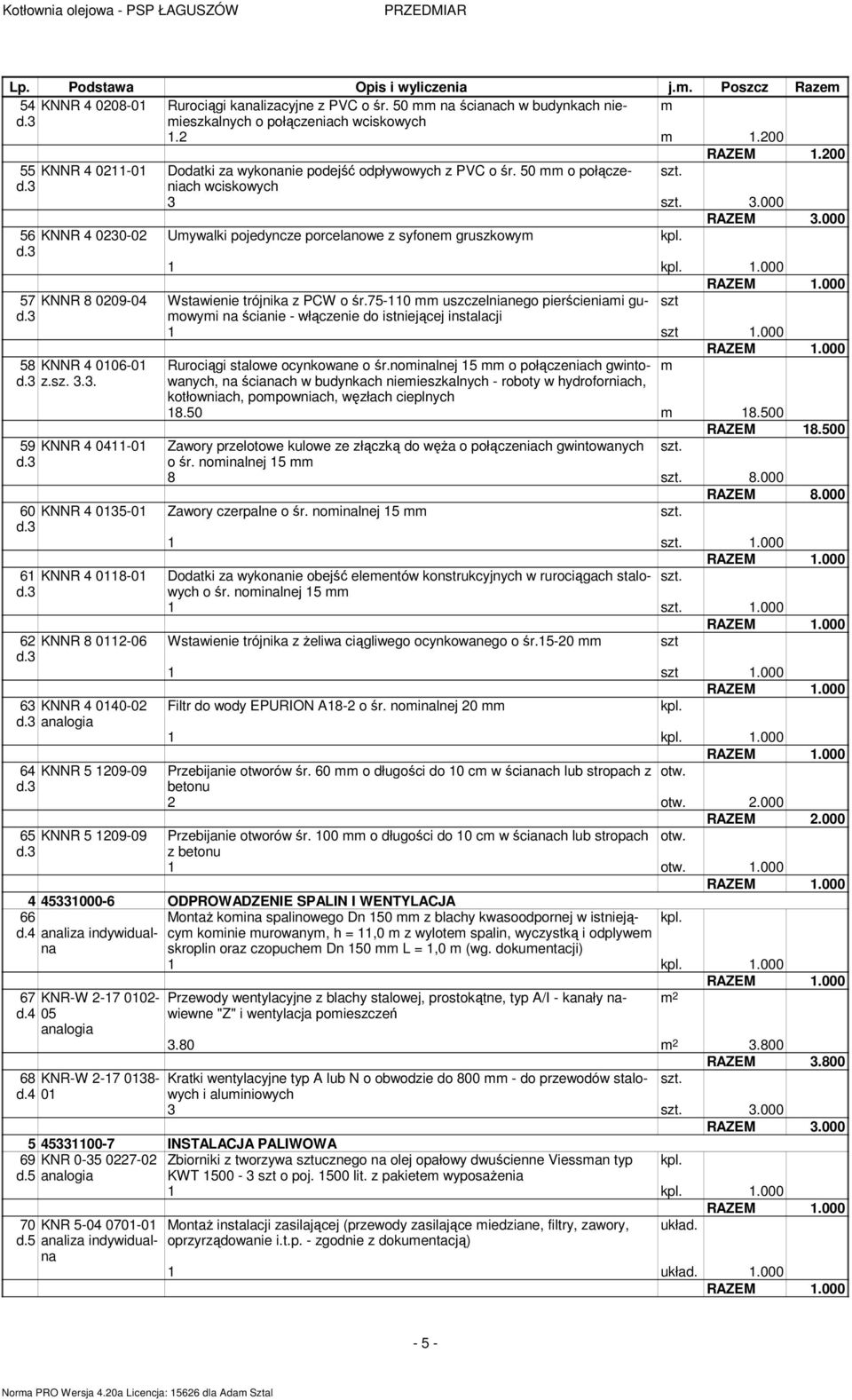 57 KNNR 8 0209-04 Wstawienie trójnika z PCW o śr.75-110 uszczelnianego pierścieniai guowyi szt na ścianie - włączenie do istniejącej instalacji 1 szt 1.