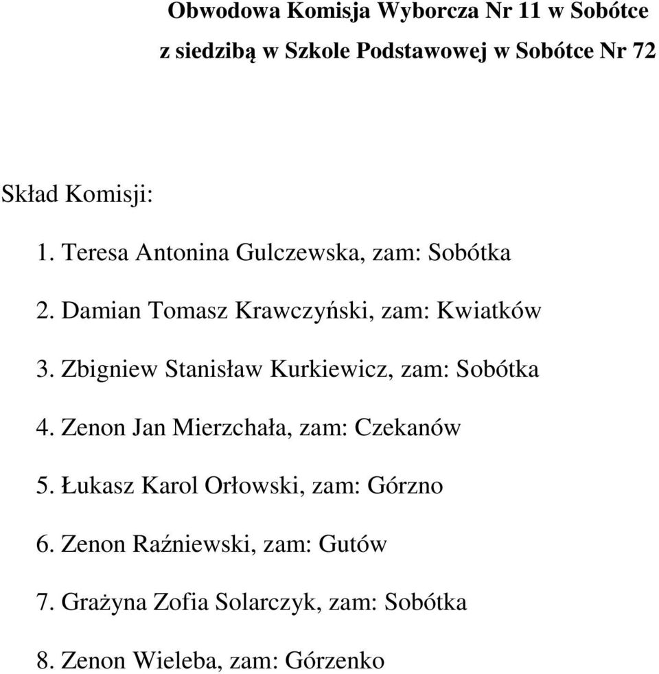 Zbigniew Stanisław Kurkiewicz, zam: Sobótka 4. Zenon Jan Mierzchała, zam: Czekanów 5.