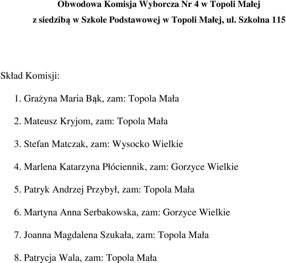 Marlena Katarzyna Płóciennik, zam: Gorzyce Wielkie 5. Patryk Andrzej Przybył, zam: Topola Mała 6.