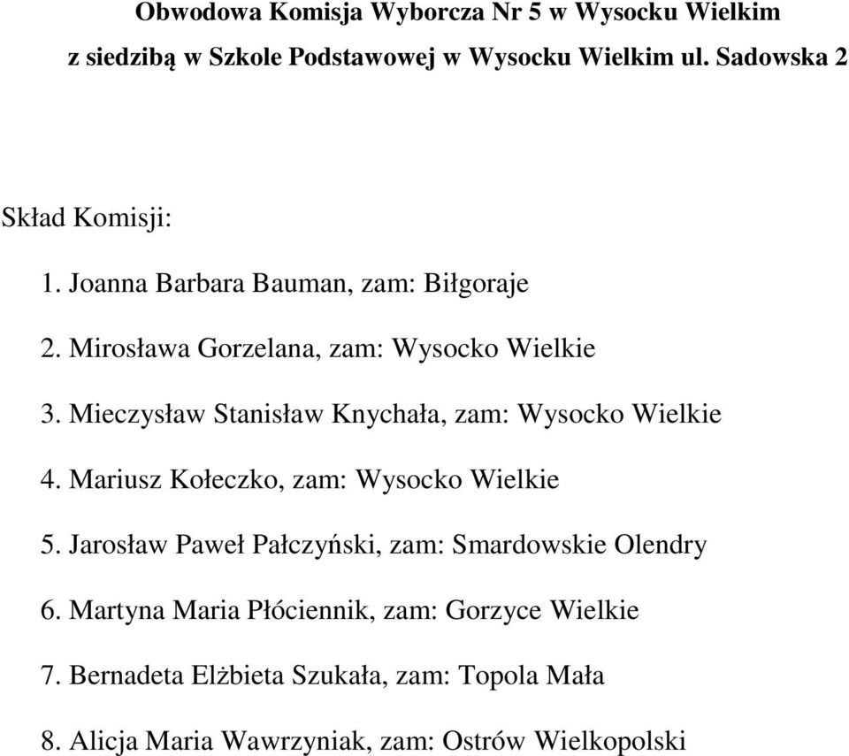 Mieczysław Stanisław Knychała, zam: Wysocko Wielkie 4. Mariusz Kołeczko, zam: Wysocko Wielkie 5.