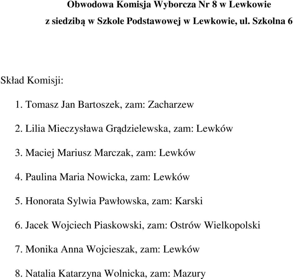 Maciej Mariusz Marczak, zam: Lewków 4. Paulina Maria Nowicka, zam: Lewków 5.