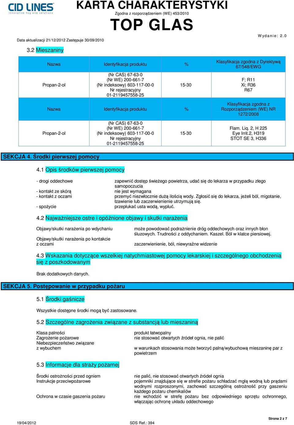 rejestracyjny 01-2119457558-25 15-30 Flam. Liq. 2, H 225 Eye Irrit.2, H319 STOT SE 3, H336 SEKCJA 4. Środki pierwszej pomocy 4.