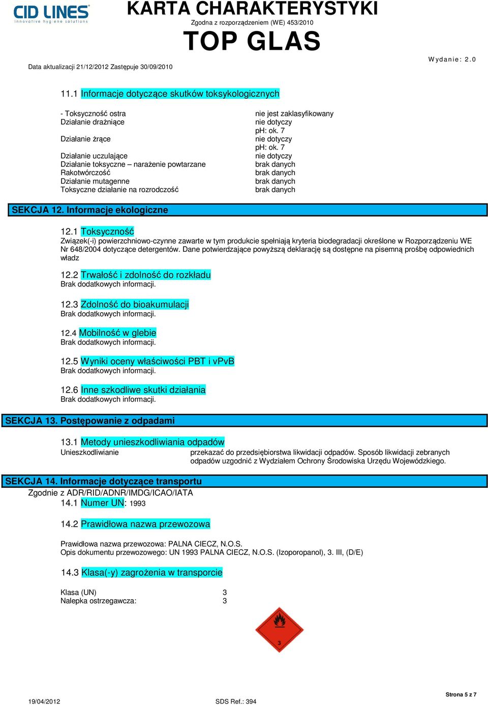 1 Toksyczność Związek(-i) powierzchniowo-czynne zawarte w tym produkcie spełniają kryteria biodegradacji określone w Rozporządzeniu WE Nr 648/2004 dotyczące detergentów.