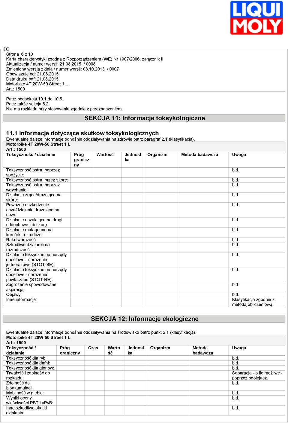 Toksyczność / działanie Toksyczność ostra, poprzez spożycie: Toksyczność ostra, przez skórę: Toksyczność ostra, poprzez wdychanie: Działanie żrące/drażniące na skórę: Poważne uszkodzenie