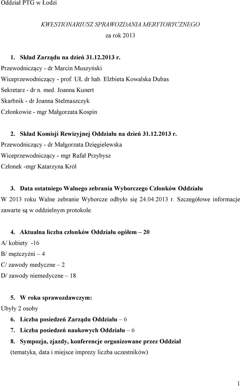 Przewodniczący - dr Małgorzata Dzięgielewska Wiceprzewodniczący - mgr Rafał Przybysz Członek -mgr Katarzyna Król 3.