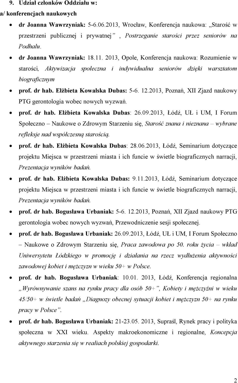 2013, Opole, Konferencja naukowa: Rozumienie w starości, Aktywizacja społeczna i indywidualna seniorów dzięki warsztatom biograficznym prof. dr hab. Elżbieta Kowalska Dubas: 5-6. 12.