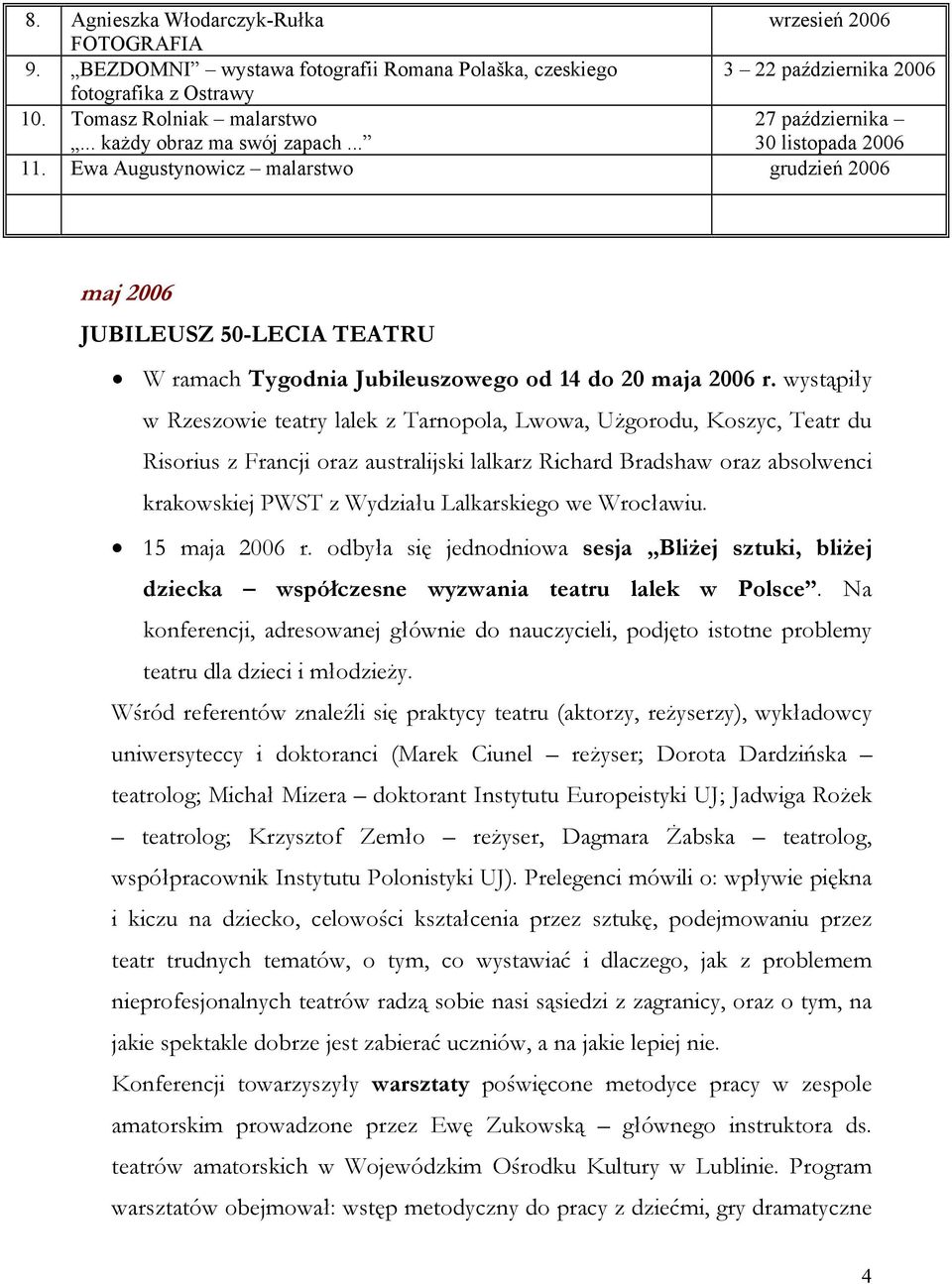 Ewa Augustynowicz malarstwo grudzień 2006 maj 2006 JUBILEUSZ 50-LECIA TEATRU W ramach Tygodnia Jubileuszowego od 14 do 20 maja 2006 r.