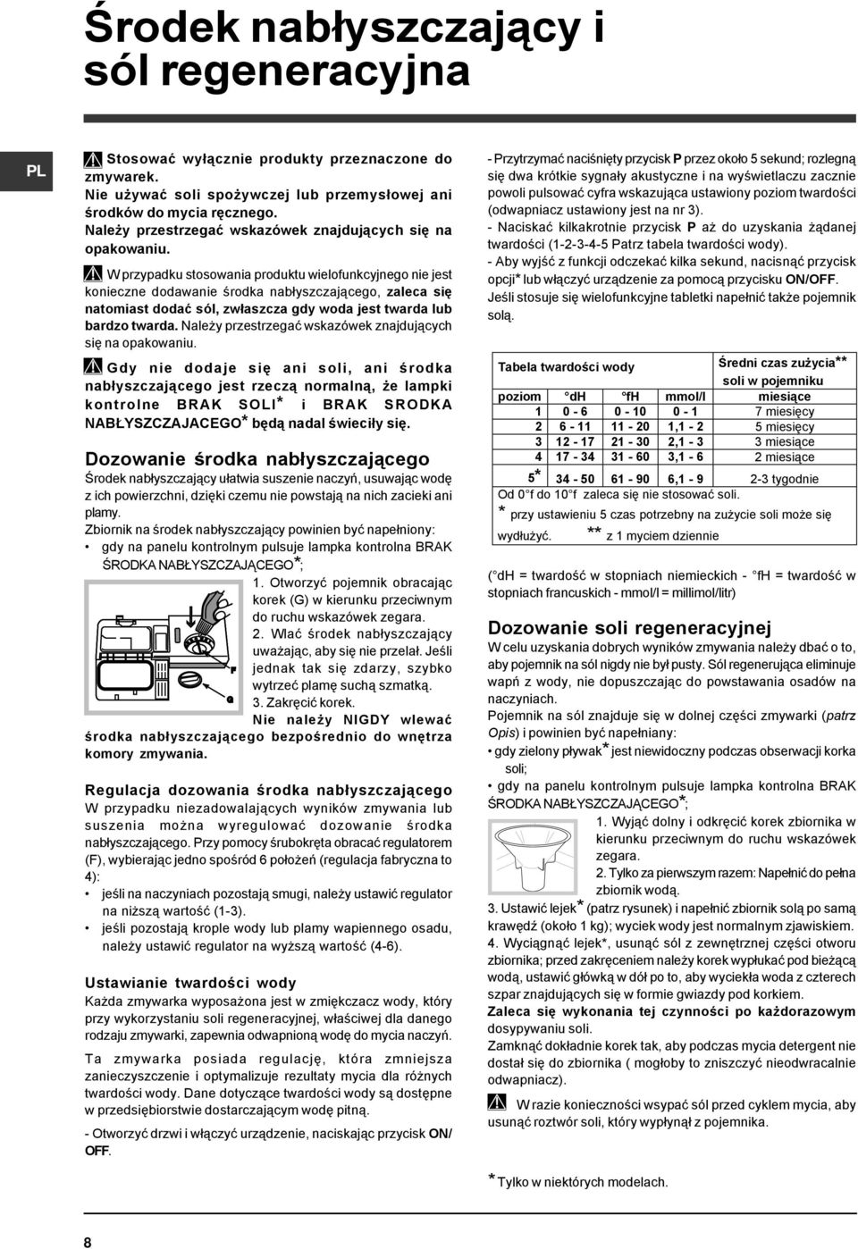 W przypadku stosowania produktu wielofunkcyjnego nie jest konieczne dodawanie środka nabłyszczającego, zaleca się natomiast dodać sól, zwłaszcza gdy woda jest twarda lub bardzo twarda.