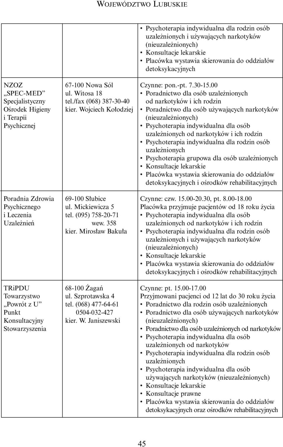 Miros aw Baku a 68-100 agaƒ ul. Szprotawska 4 tel. (068) 477-64-61 0504-032-427 kier. W. Janiszewski Czynne: pon.-pt. 7.30-15.