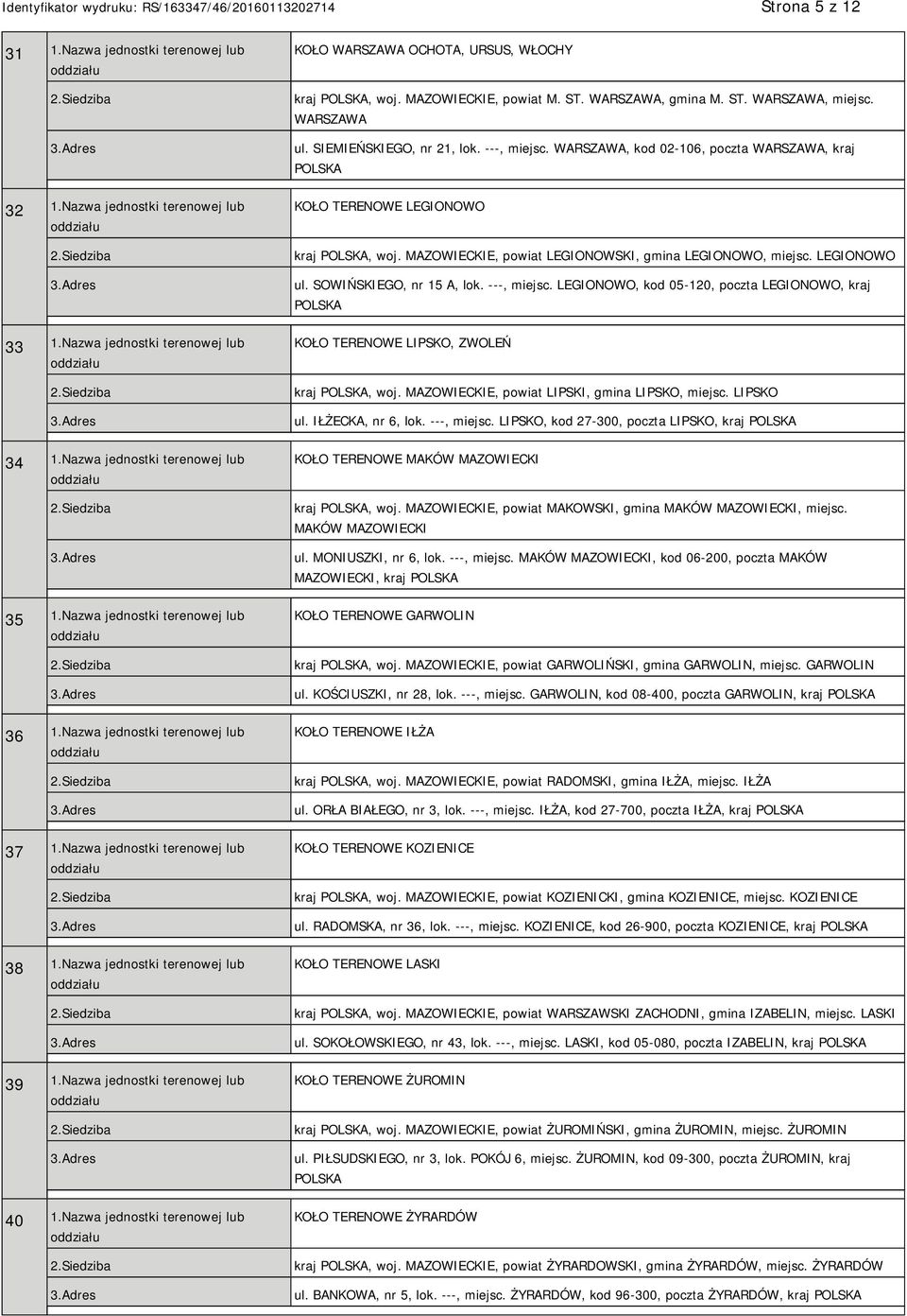 Nazwa jednostki terenowej lub KOŁO OCHOTA, URSUS, WŁOCHY kraj, woj. MAZOWIECKIE, powiat M. ST., gmina M. ST., miejsc. ul. SIEMIEŃSKIEGO, nr 21, lok. ---, miejsc.