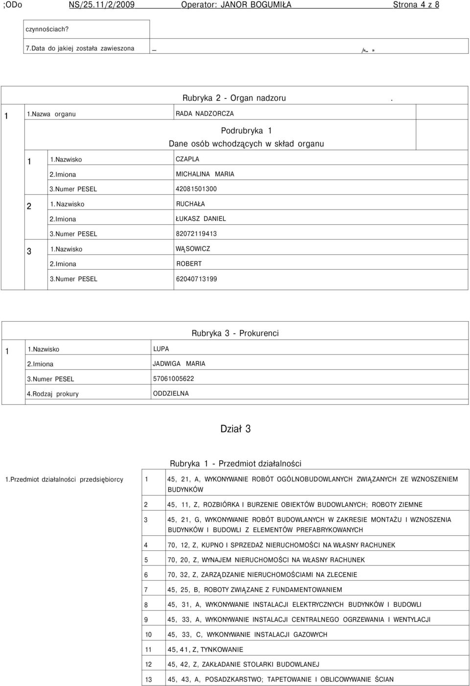 Podrubryka 1 Dane osób wchodzących w skład organu 1 1.Nazwisko LUPA 2.Imiona JADWIGA MARIA.Numer PESEL 57061005622 Rubryka - Prokurenci 4.