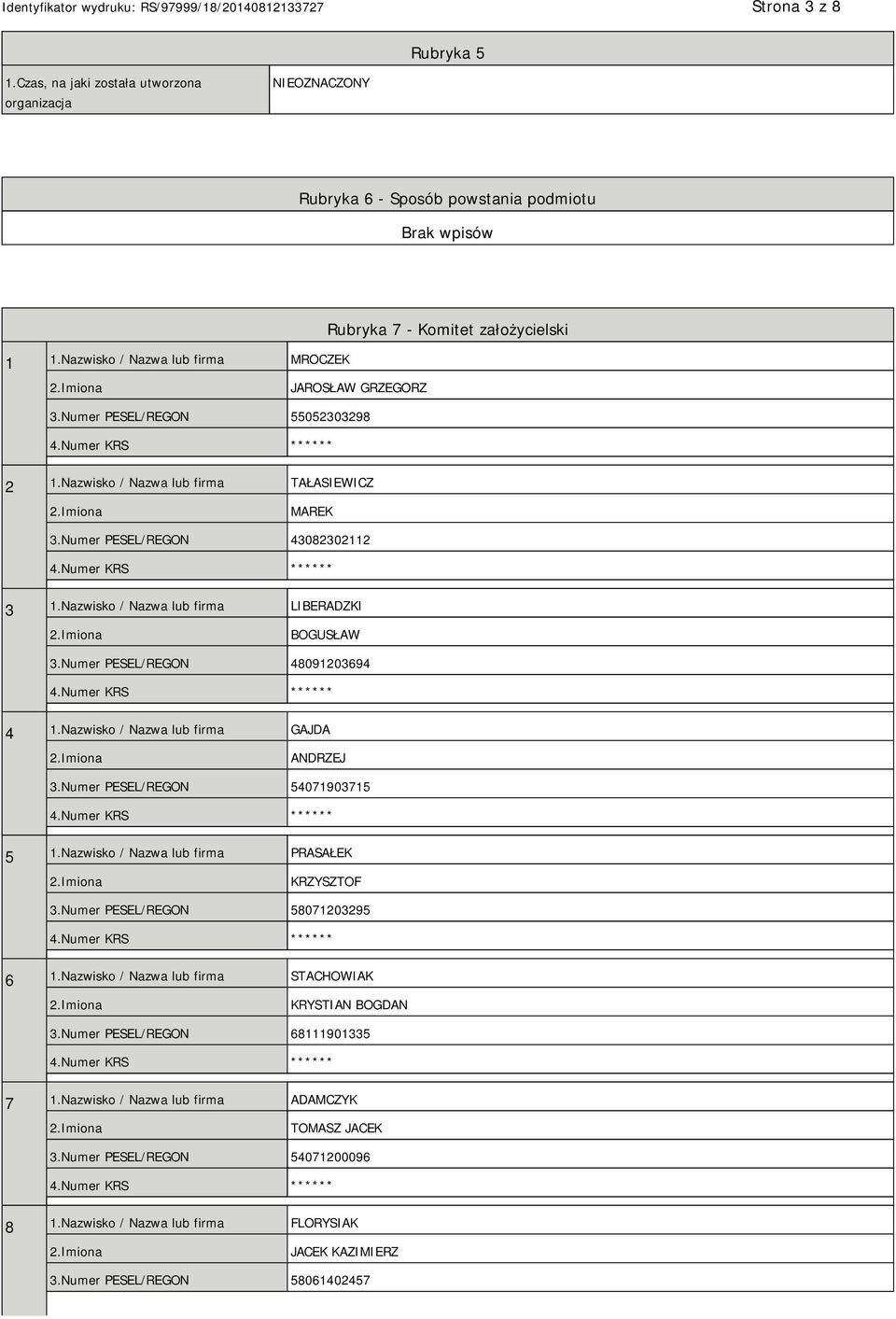 Numer PESEL/REGON 43082302112 3 1.Nazwisko / Nazwa lub firma LIBERADZKI BOGUSŁAW 3.Numer PESEL/REGON 48091203694 4 1.Nazwisko / Nazwa lub firma GAJDA ANDRZEJ 3.Numer PESEL/REGON 54071903715 5 1.