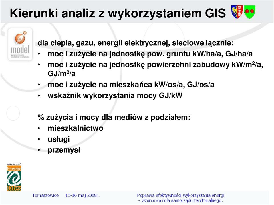 gruntu kw/ha/a, GJ/ha/a moc i zuŝycie na jednostkę powierzchni zabudowy kw/m 2 /a, GJ/m 2 /a