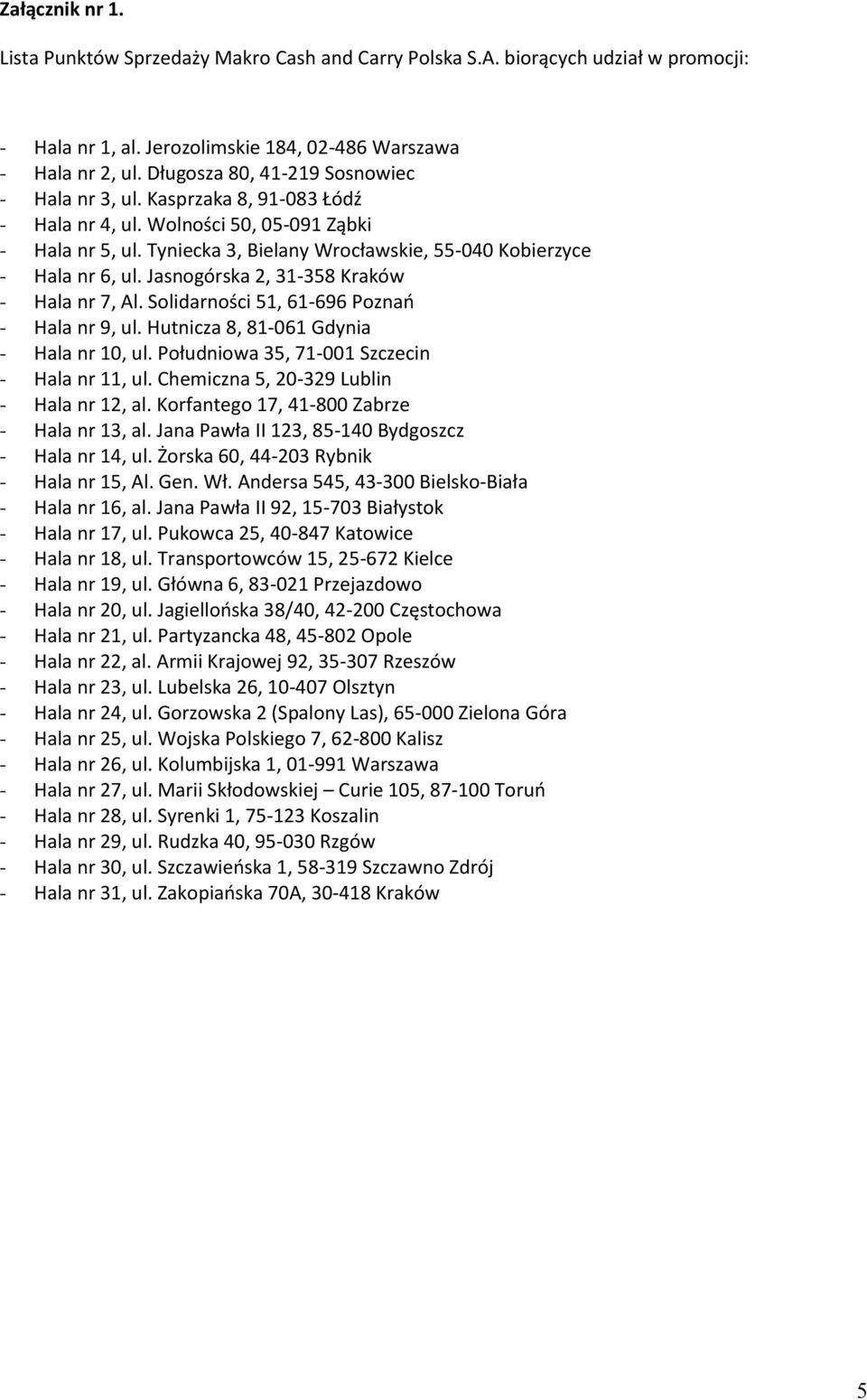 Jasnogórska 2, 31-358 Kraków - Hala nr 7, Al. Solidarności 51, 61-696 Poznań - Hala nr 9, ul. Hutnicza 8, 81-061 Gdynia - Hala nr 10, ul. Południowa 35, 71-001 Szczecin - Hala nr 11, ul.