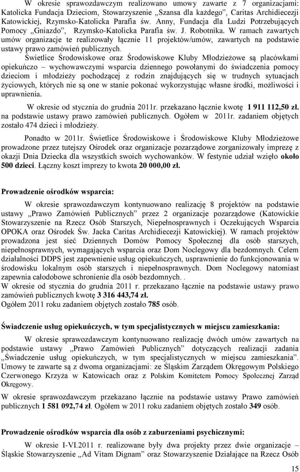 W ramach zawartych umów organizacje te realizowały łącznie 11 projektów/umów, zawartych na podstawie ustawy prawo zamówień publicznych.