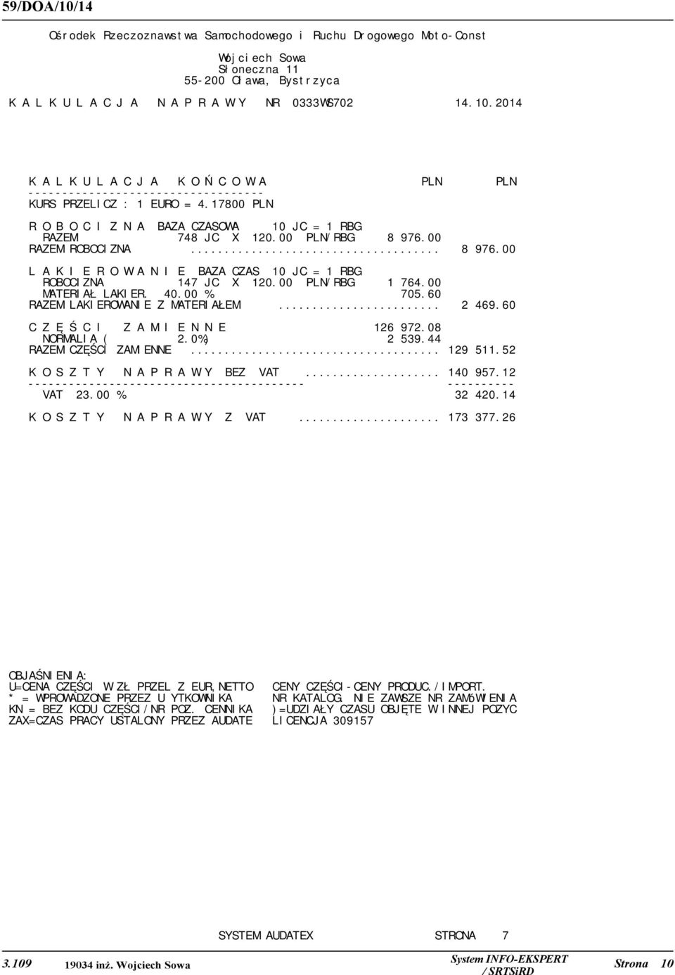 00 PLN/RBG 1 764.00 MATERIAŁ LAKIER. 40.00 % 705.60 RAZEM LAKIEROWANIE Z MATERIAŁEM... 2 469.60 C Z Ę Ś C I Z A M I E N N E 126 972.08 NORMALIA ( 2.0%) 2 539.44 RAZEM CZĘŚCI ZAMIENNE... 129 511.