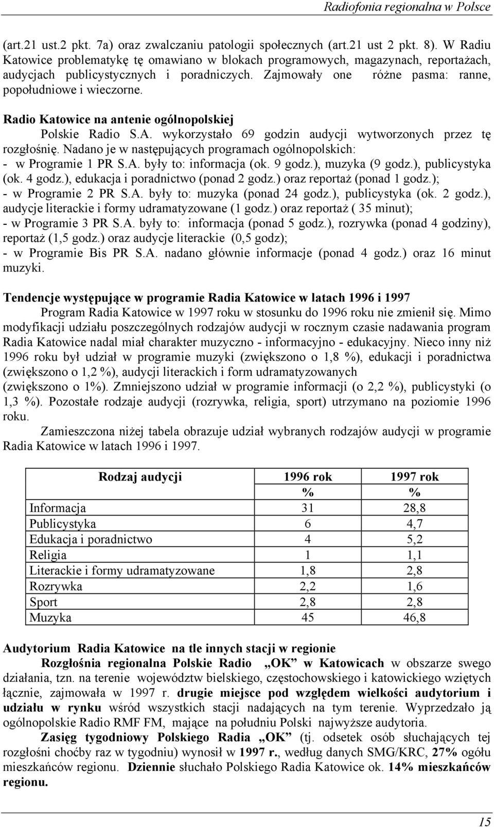 Radio Katowice na antenie ogólnopolskiej Polskie Radio S.A. wykorzystało 69 godzin audycji wytworzonych przez tę rozgłośnię. Nadano je w następujących programach ogólnopolskich: - w Programie 1 PR S.