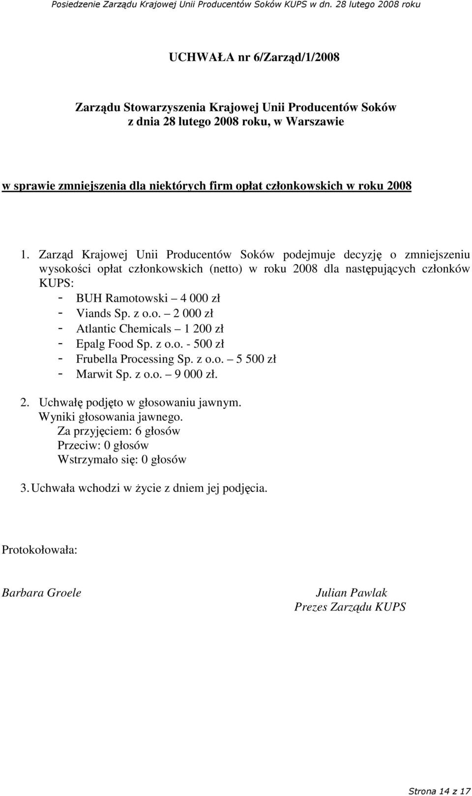 KUPS: BUH Ramotowski 4 000 zł Viands Sp. z o.o. 2 000 zł Atlantic Chemicals 1 200 zł Epalg Food Sp. z o.o. - 500 zł Frubella Processing Sp. z o.o. 5 500 zł Marwit Sp.