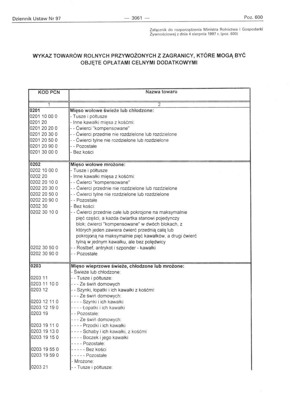 20 - Inne kawałki mięsa z kośćmi : 0201 2020 O - - Ćwierci "kompensowane" 0201 2030 O - - Ćwierci przednie nie rozdzielone lub rozdzielone 0201 2050 O - - Ćwie r ci tylne nie rozdzielone lub