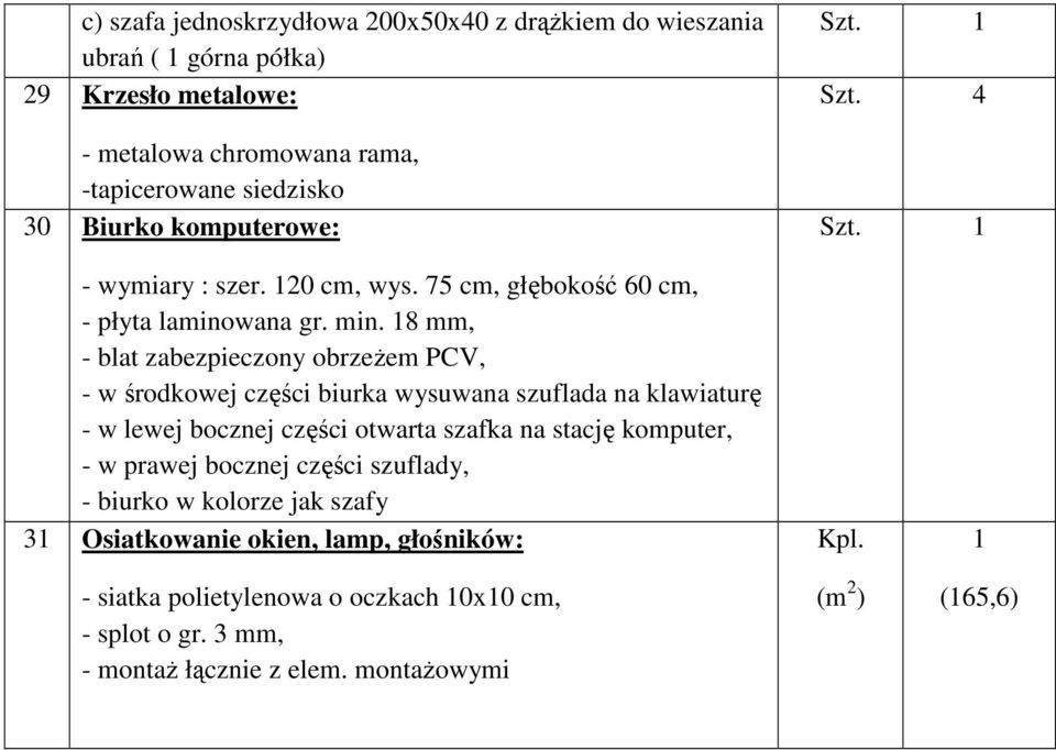 8 mm, - blat zabezpieczony obrzeŝem PCV, - w środkowej części biurka wysuwana szuflada na klawiaturę - w lewej bocznej części otwarta szafka na stację