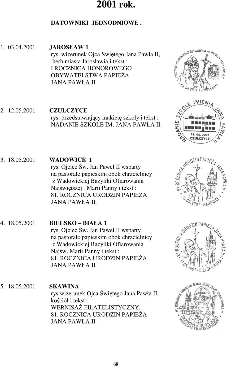 Jan Paweł II wsparty na pastorale papieskim obok chrzcielnicy z Wadowickiej Bazyliki Ofiarowania Najświętszej Marii Panny i tekst : 81. ROCZNICA URODZIN PAPIEŻA 4. 18.05.2001 BIELSKO BIAŁA 1 rys.