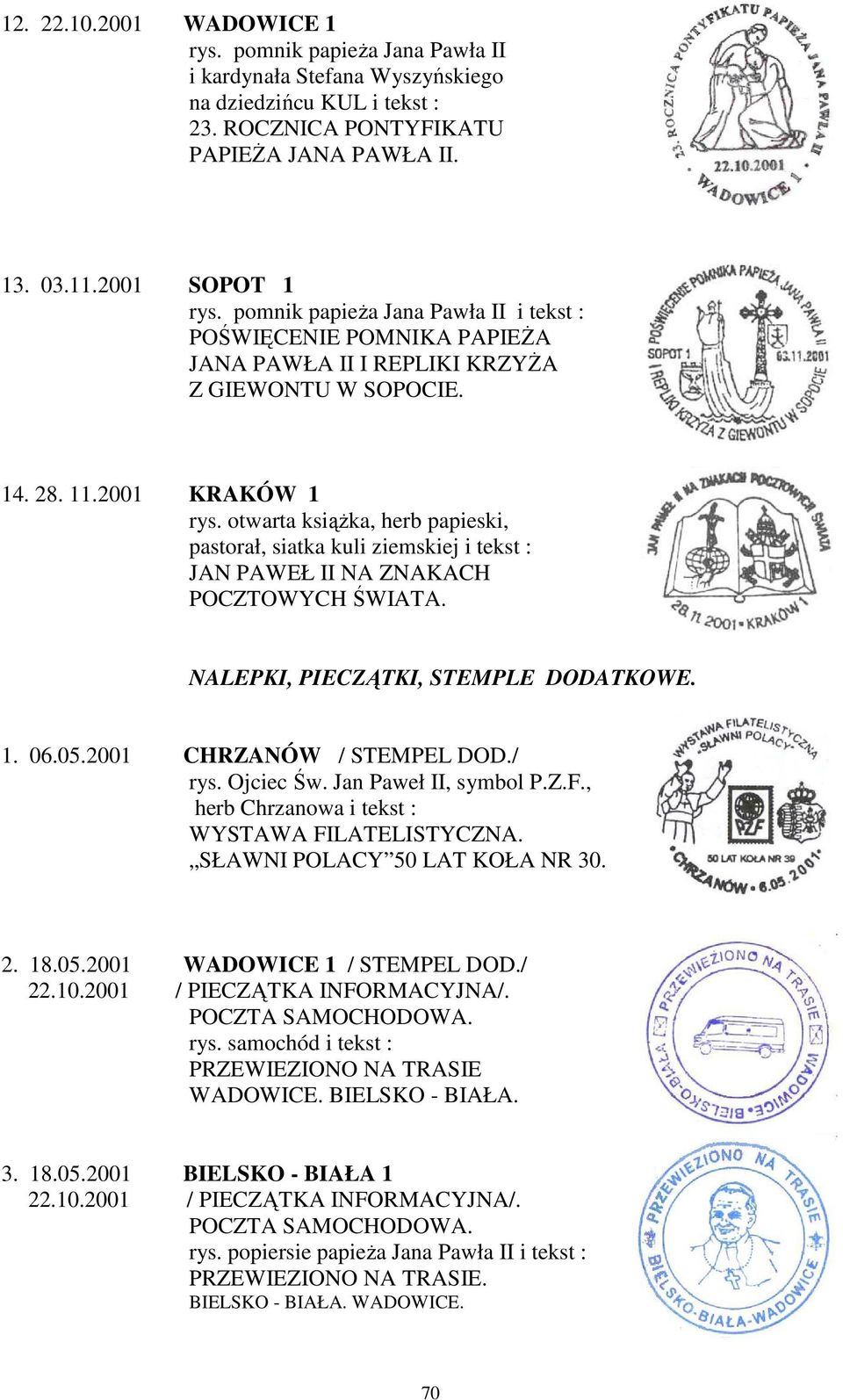 Ojciec Św. Jan Paweł II, symbol P.Z.F., herb Chrzanowa i tekst : WYSTAWA FILATELISTYCZNA. SŁAWNI POLACY 50 LAT KOŁA NR 30. 2. 18.05.2001 WADOWICE 1 / STEMPEL DOD./ 22.10.