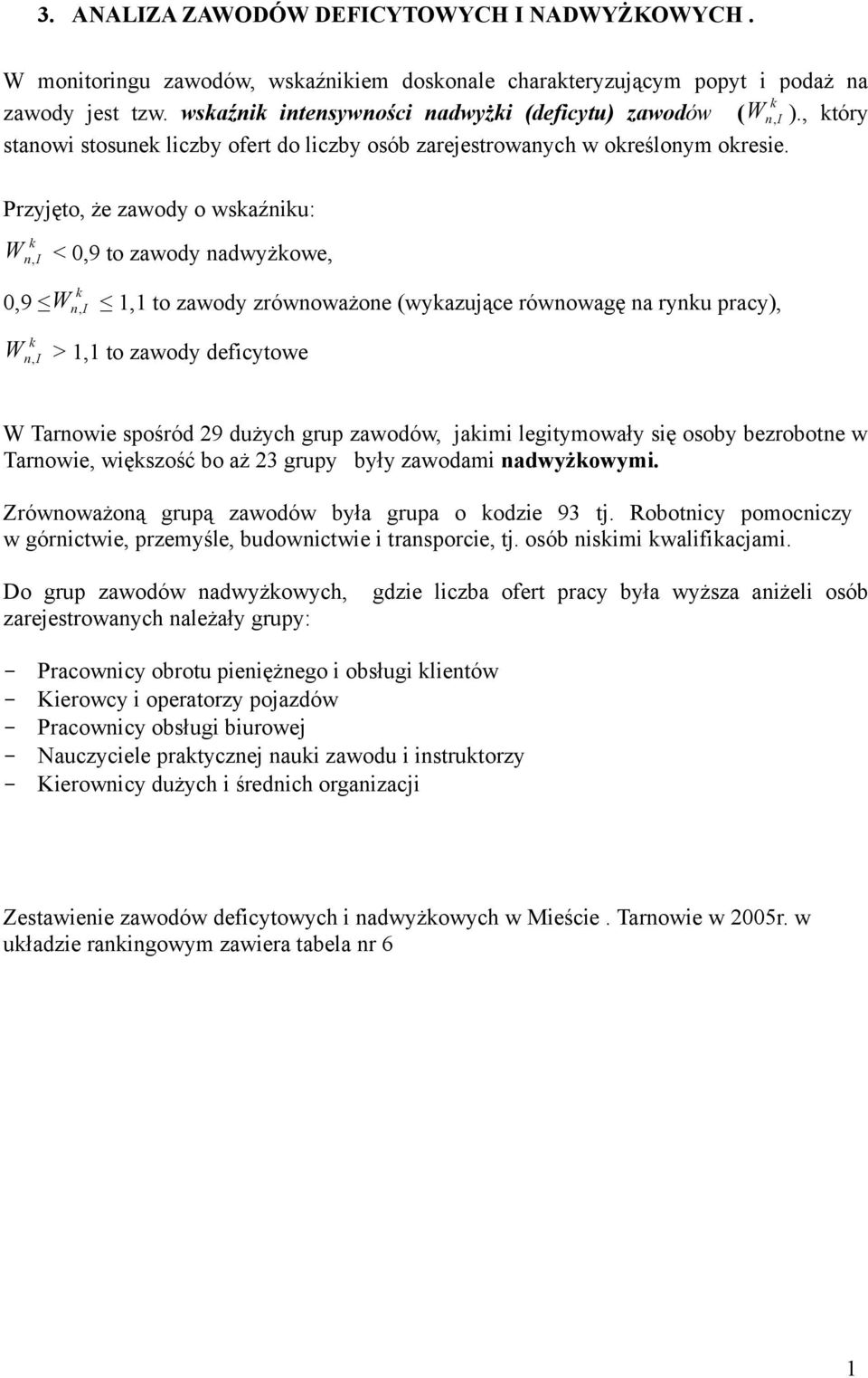 Przyjęto, że zawody o wskaźniku: W, < 0,9 to zawody nadwyżkowe, k n I k 0,9 W, 1,1 to zawody zrównoważone (wykazujące równowagę na rynku pracy), k n I n I W, > 1,1 to zawody deficytowe W Tarnowie