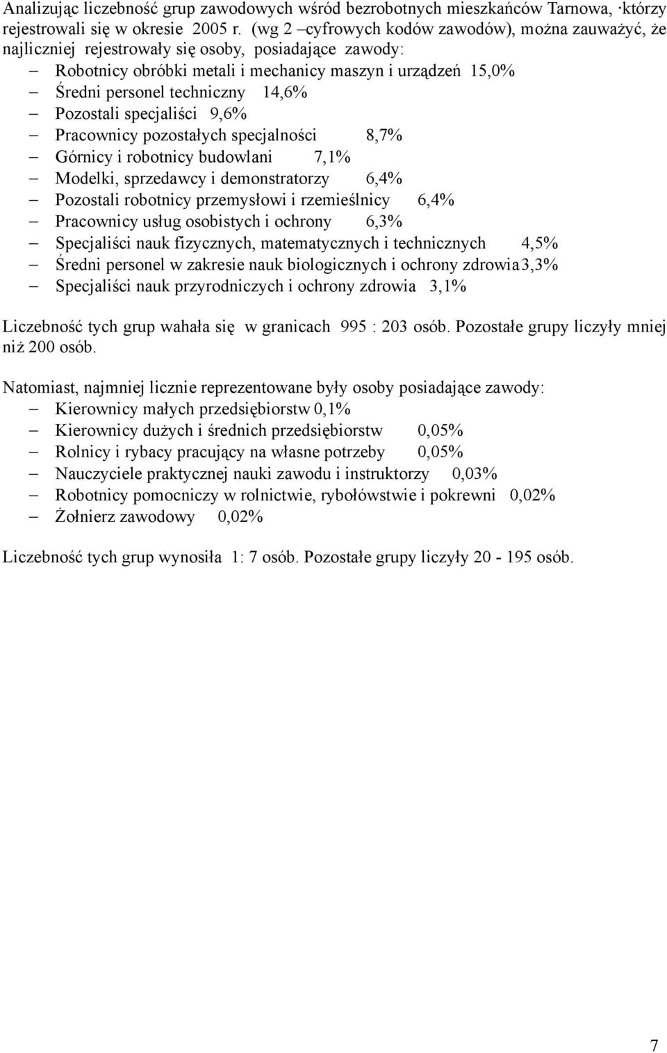 14,6% Pozostali specjaliści 9,6% Pracownicy pozostałych specjalności 8,7% Górnicy i robotnicy budowlani 7,1% Modelki, sprzedawcy i demonstratorzy 6,4% Pozostali robotnicy przemysłowi i rzemieślnicy