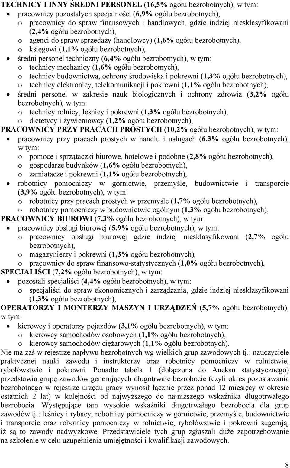 bezrobotnych), w tym: o technicy mechanicy (1,6% ogółu bezrobotnych), o technicy budownictwa, ochrony środowisa i porewni (1,3% ogółu bezrobotnych), o technicy eletronicy, teleomuniacji i porewni