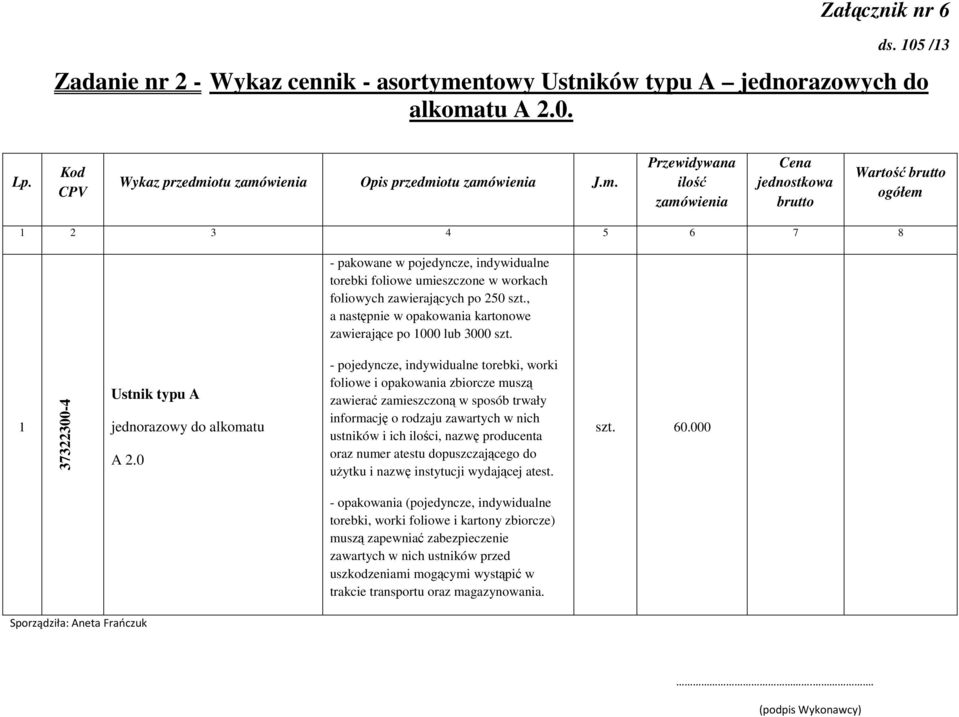 Ustnik typu A jednorazowy do alkomatu A 2.