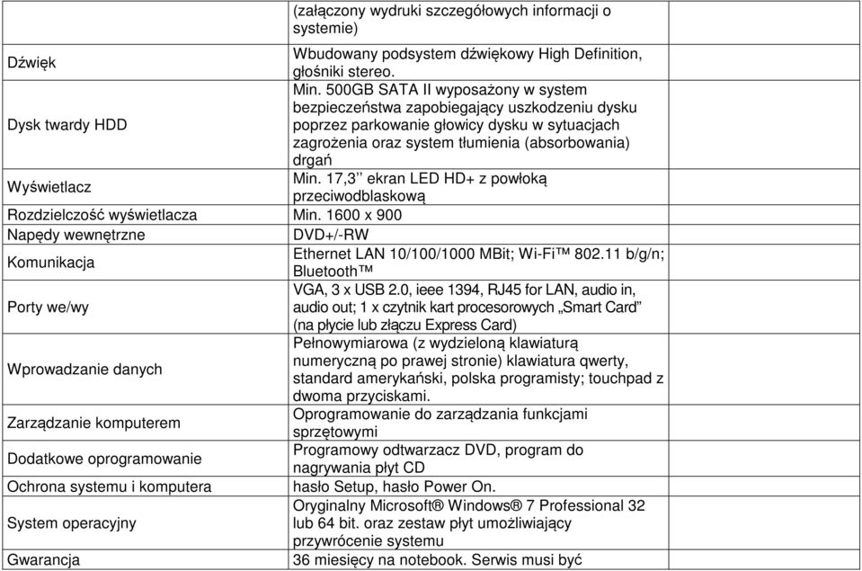 Min. 17,3 ekran LED HD+ z powłoką Wyświetlacz przeciwodblaskową Rozdzielczość wyświetlacza Min. 1600 x 900 Napędy wewnętrzne DVD+/-RW Ethernet LAN 10/100/1000 MBit; Wi-Fi 802.