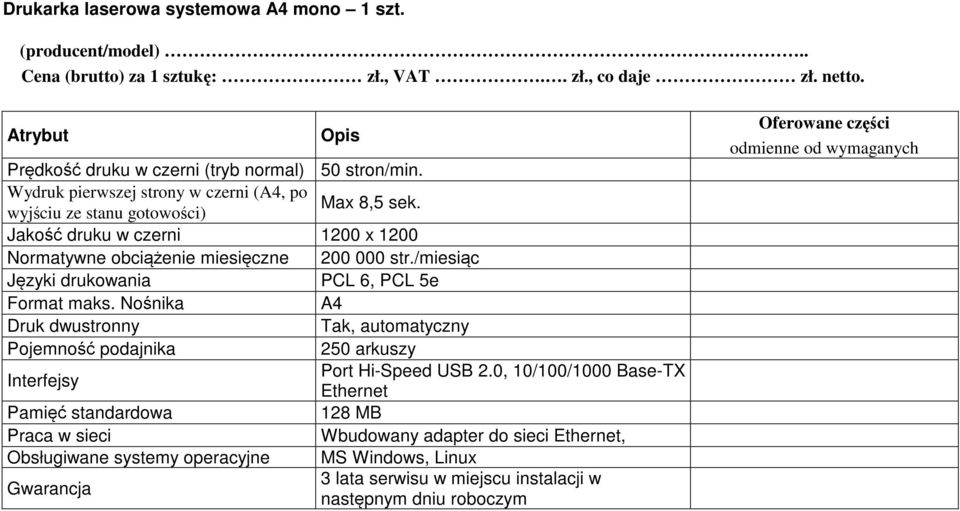 /miesiąc Języki drukowania PCL 6, PCL 5e Format maks. Nośnika A4 Druk dwustronny Tak, automatyczny Pojemność podajnika 250 arkuszy Interfejsy Port Hi-Speed USB 2.