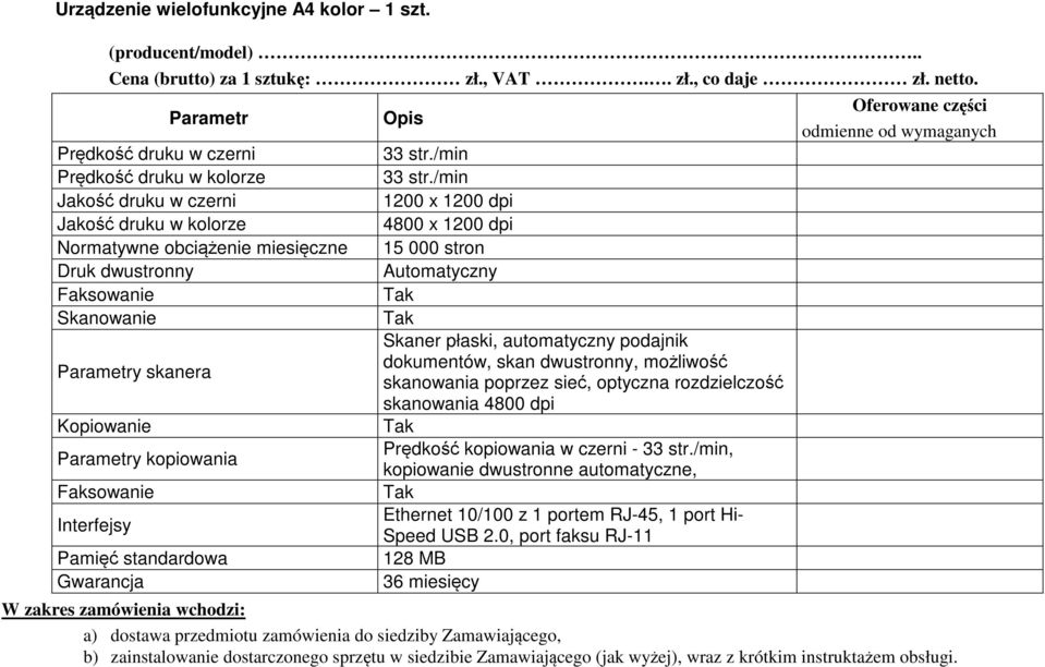 /min Jakość druku w czerni 1200 x 1200 dpi Jakość druku w kolorze 4800 x 1200 dpi Normatywne obciążenie miesięczne 15 000 stron Druk dwustronny Automatyczny Faksowanie Tak Skanowanie Tak Skaner