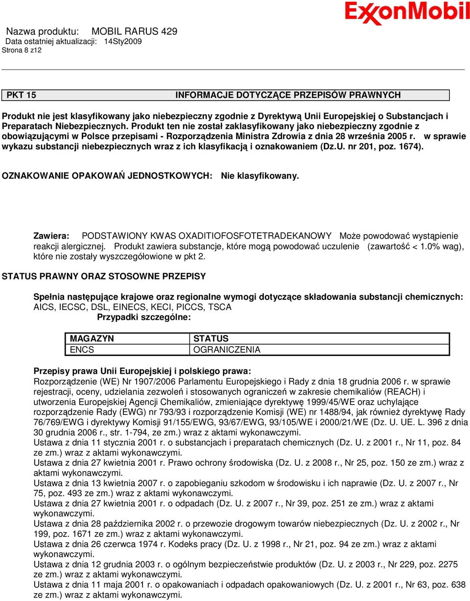 w sprawie wykazu substancji niebezpiecznych wraz z ich klasyfikacją i oznakowaniem (Dz.U. nr 201, poz. 1674). OZNAKOWANIE OPAKOWAŃ JEDNOSTKOWYCH: Nie klasyfikowany.