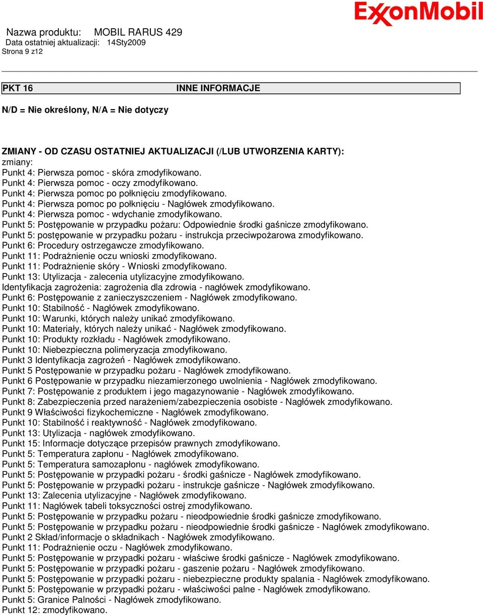 Punkt 4: Pierwsza pomoc - wdychanie zmodyfikowano. Punkt 5: Postępowanie w przypadku poŝaru: Odpowiednie środki gaśnicze zmodyfikowano.