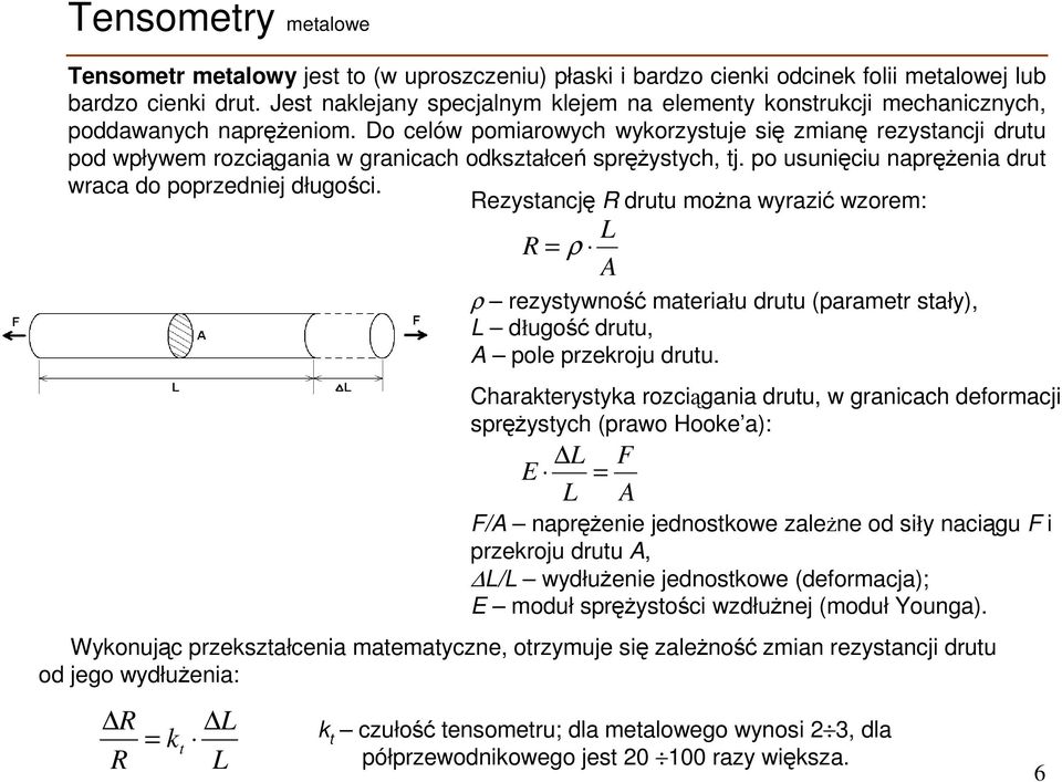 Do celów pomiarowych wykorzystuje się zmianę rezystancji drutu pod wpływem rozciągania w granicach odkształceń sprężystych, tj. po usunięciu naprężenia drut wraca do poprzedniej długości.