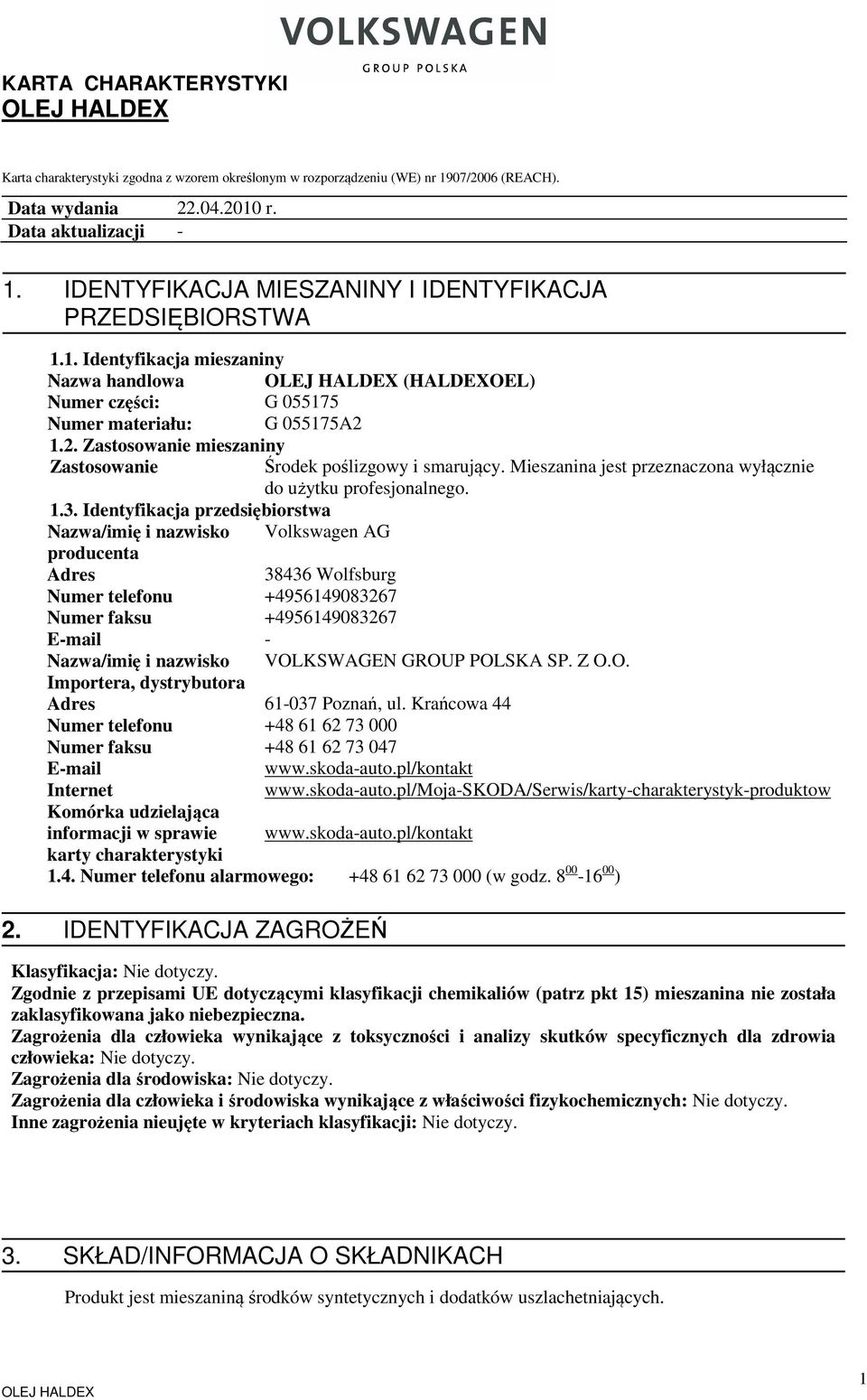 1.2. Zastosowanie mieszaniny Zastosowanie 1.3.