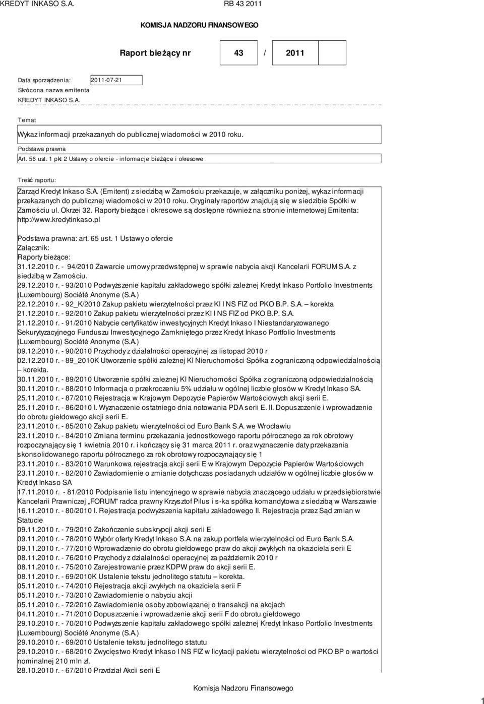 Oryginały raportów znajdują się w siedzibie Spółki w Zamościu ul. Okrzei 32. Raporty bieżące i okresowe są dostępne również na stronie internetowej Emitenta: http://www.kredytinkaso.
