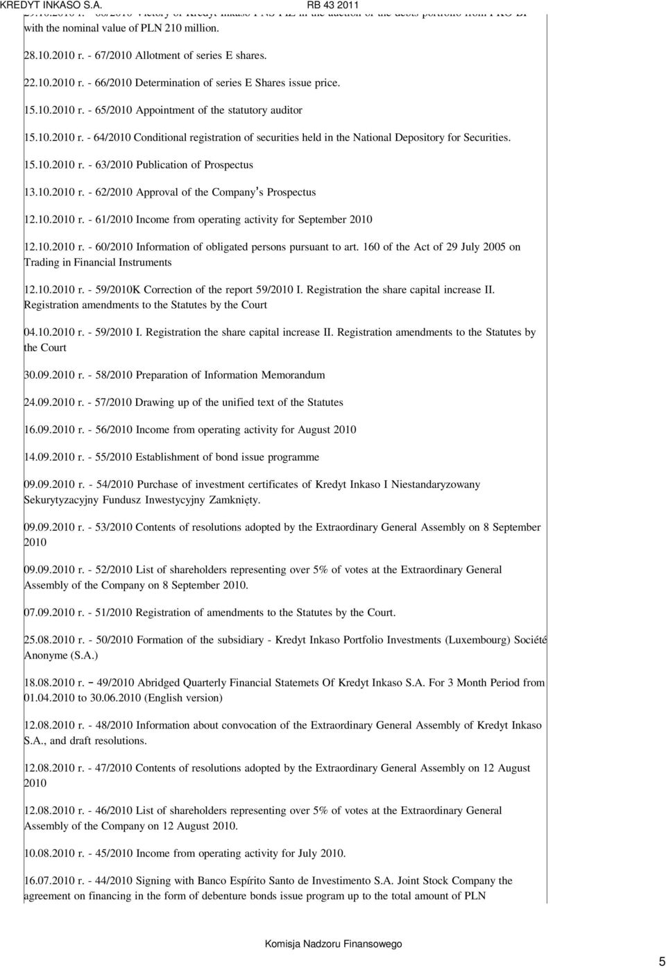 15.10.2010 r. - 63/2010 Publication of Prospectus 13.10.2010 r. - 62/2010 Approval of the Company s Prospectus 12.10.2010 r. - 61/2010 Income from operating activity for September 2010 12.10.2010 r. - 60/2010 Information of obligated persons pursuant to art.