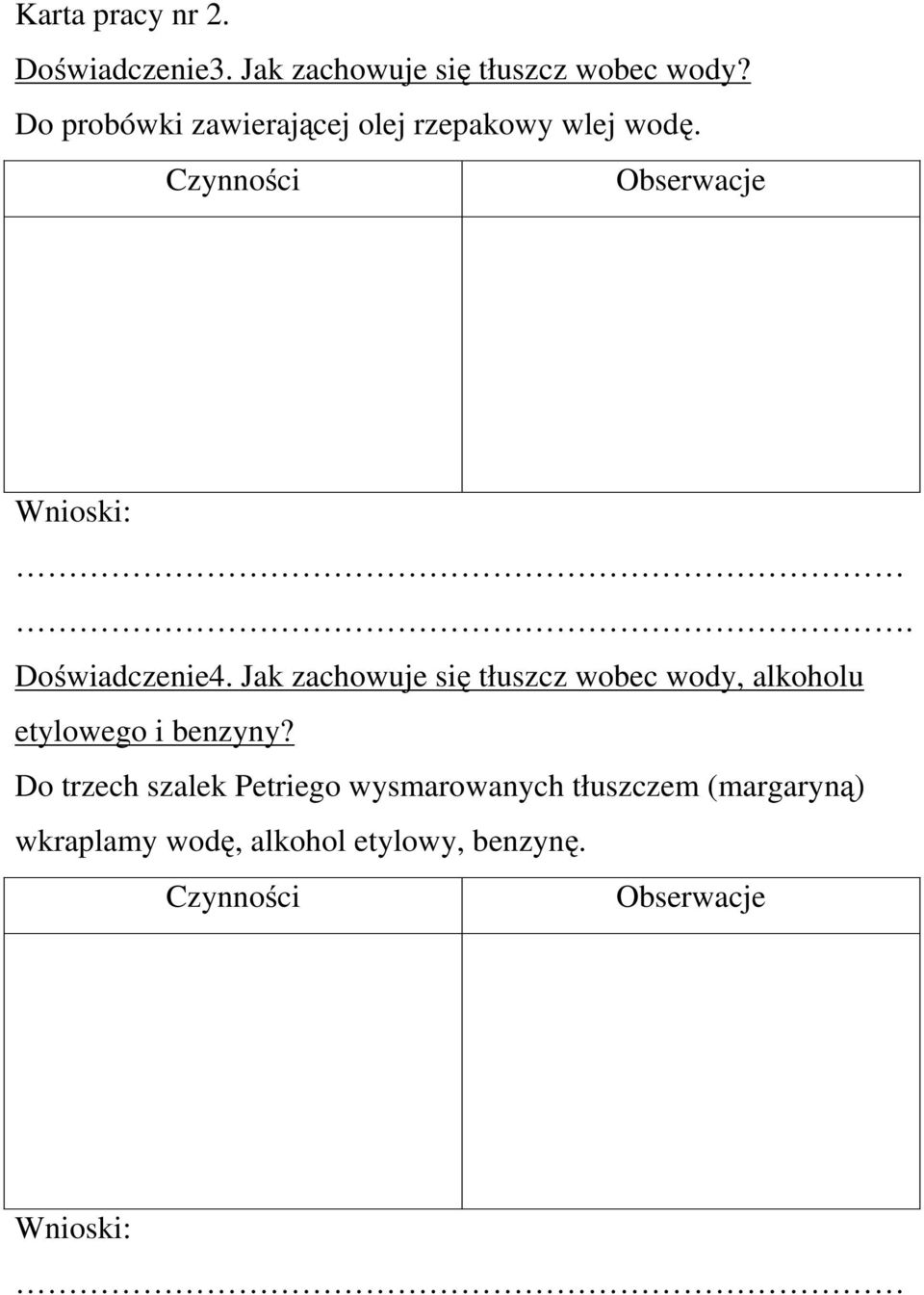 Doświadczenie4. Jak zachowuje się tłuszcz wobec wody, alkoholu etylowego i benzyny?