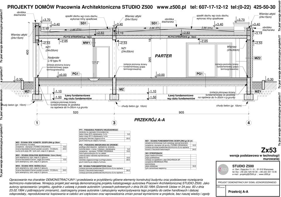 +2,83 Wieniec  10cm)  10cm) PRZEKRÓJ - 1 3 4 - ŚCIN ZEW. KONSTR. OCIEPLON gr.39cm tynk mineralny na siatce ocieplenie - styropian (TERMO ORGNIK) 15.0 suchy tynk-plyty GK / tynk cem.-wap.kl.